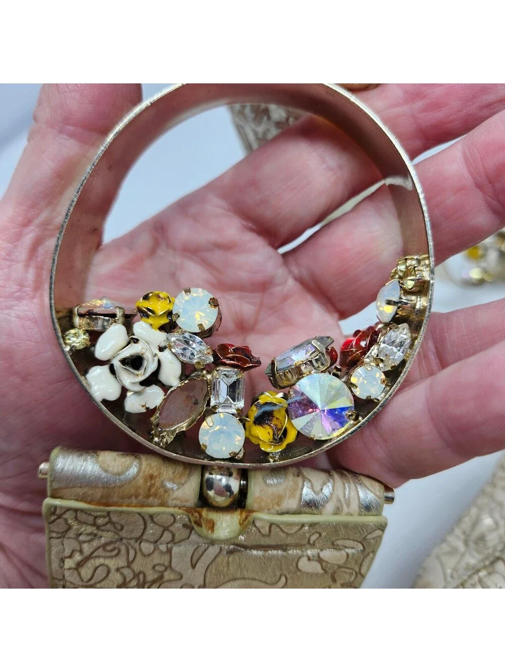 The Find Metallic Gold Embossed Hobo Bag Jeweled Ring Handles